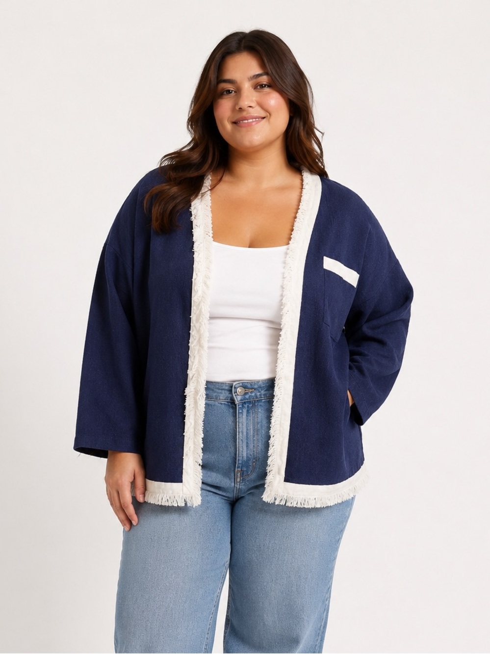 INCERUN Navy Open-Front Fringe Trim Blazer